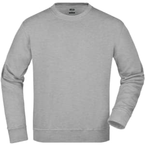 A grey sweatshirt with long sleeves, featuring a crew neck and a logo on the front.
