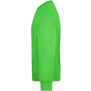A bright green sweatshirt with long sleeves and a round neckline, featuring a logo on the front.