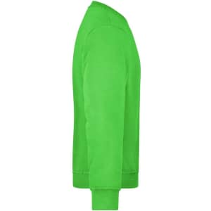 A bright green sweatshirt with long sleeves and ribbed cuffs, featuring a logo on the front.