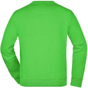 A bright green sweatshirt with long sleeves and a crew neck, featuring a logo on the back.