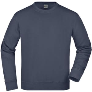 A navy workwear sweatshirt with long sleeves and a ribbed crew neckline. It features a logo on the chest.