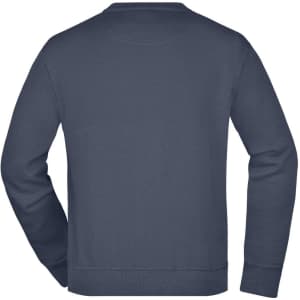 A navy work sweatshirt featuring a simple design and a crew neckline, with a logo on the back.