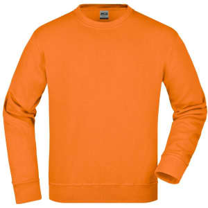 An orange sweatshirt with a classic crew neck and long sleeves, featuring a branding logo.