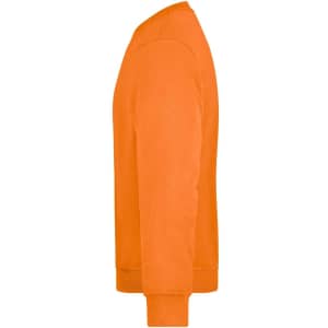 An orange workwear sweatshirt with a ribbed neckline and cuffs, featuring a logo on the front.
