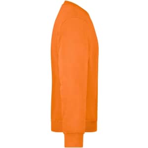 An orange sweatshirt displayed from the side, featuring a ribbed crew neckline and cuffs. It has a logo on the sleeve.