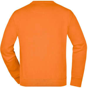 An orange sweatshirt with a crew neck and long sleeves. It features a plain design and includes a logo.