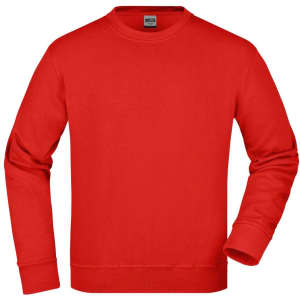 A red sweatshirt with long sleeves and a crew neckline, featuring a logo on the chest.