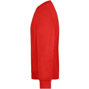 A red sweatshirt with a crew neck and long sleeves, featuring ribbed cuffs and a hem. It has a logo on the front.
