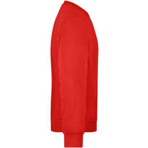 A red workwear sweatshirt featuring a simple design and ribbed cuffs and hem, with a logo on the front.