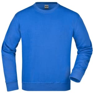 A blue sweatshirt featuring long sleeves and a round neckline, complete with a logo. Suitable for workwear.