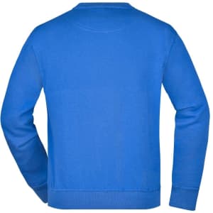 A blue workwear sweatshirt with long sleeves and a rounded neckline, featuring a simple design and a logo.