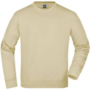 A beige workwear sweatshirt featuring long sleeves and a crew neckline, with a branding logo on the inside.