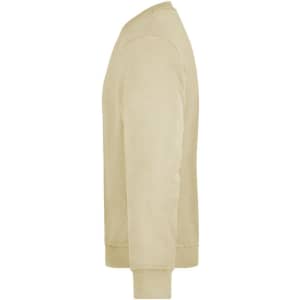 A beige workwear sweatshirt featuring a classic crew neck and long sleeves. It has a branding logo.