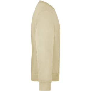 A beige sweatshirt featuring a crew neckline and long sleeves, with a logo on the front.