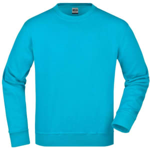 A bright turquoise workwear sweatshirt with long sleeves, featuring a logo on the chest.