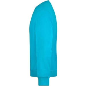 A turquoise workwear sweatshirt featuring a crew neck and long sleeves, displayed from the side.