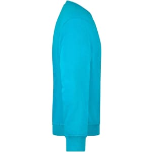 A turquoise workwear sweatshirt displayed from the side, featuring long sleeves and a relaxed fit.