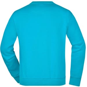 A vibrant turquoise workwear sweatshirt with a classic crew neck and long sleeves, featuring a logo.