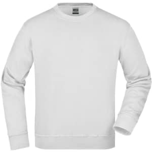 A white sweatshirt with long sleeves, featuring a simple design and a logo on the chest.
