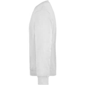 A grey workwear sweatshirt is displayed from the side, featuring long sleeves and a fitted bottom hem.