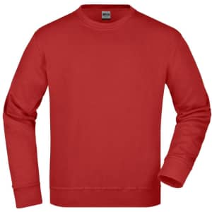 A red sweatshirt with long sleeves and a crew neck, featuring a logo on the front.
