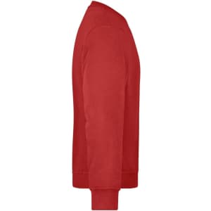 A red workwear sweatshirt featuring a simple design, with a crew neck and ribbed cuffs. It has a logo on the side.