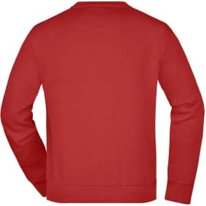 A red workwear sweatshirt with a simple, classic design and a logo on the back.