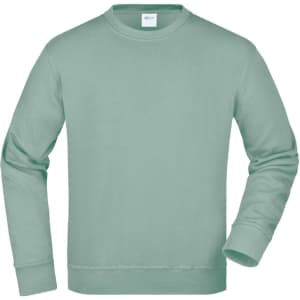 A mint green sweatshirt with long sleeves and a round neckline, featuring a logo on the chest area.