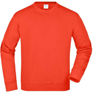 An orange workwear sweatshirt with long sleeves and a round neckline, featuring a logo on the label.