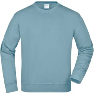 A light blue sweatshirt with long sleeves, featuring a round neckline and a branding label inside.
