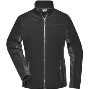A black fleece jacket featuring zippered pockets and a collar, with a sleek design and contrasting sleeve materials.