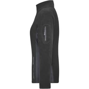 A black ladies' polar fleece jacket featuring a full zip and side pockets, with a subtle logo on the sleeve.