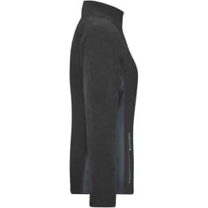 A black polar fleece jacket with a high collar and a side zip pocket, featuring a logo.