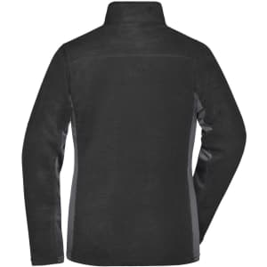 A polar fleece jacket in black, featuring long sleeves and a high collar, with a logo on the back.