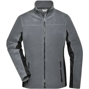 A grey polar fleece jacket with a zip front and side pockets. The jacket features a logo on one side.