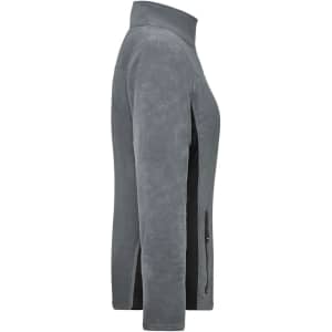 A grey polar fleece jacket featuring a high collar and zippered pockets, with contrasting side panels.