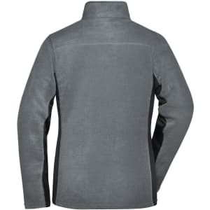 A grey polar fleece jacket with black side panels and a high collar, featuring a logo on the back.