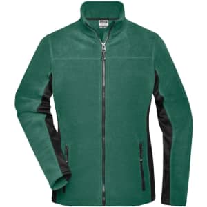 A green polar fleece jacket with black sleeves and zippered pockets, featuring a collar and logo.