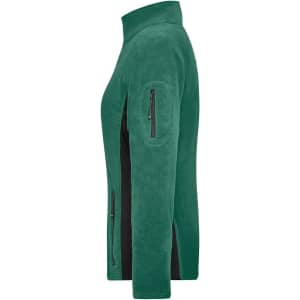 A polar fleece jacket in green, featuring zippered pockets and a side view showcasing the collar and sleeve design.