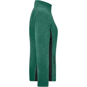 A green polar fleece jacket with a black side panel and a zippered pocket on the side.