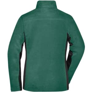 A polar fleece jacket in green with black side panels and a high collar. Features a logo on the back.