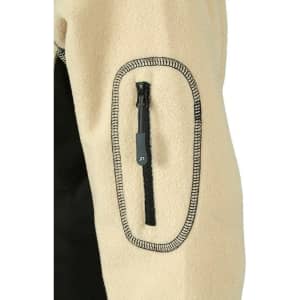 A ladies' polar fleece jacket features a beige fabric with a black accent and a zippered pocket on the arm.