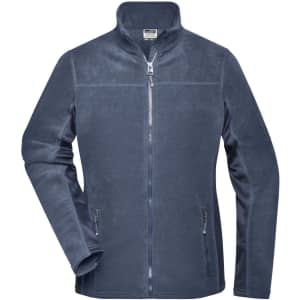 A navy polar fleece jacket featuring a zip front and two side pockets. Includes a logo on the chest area.