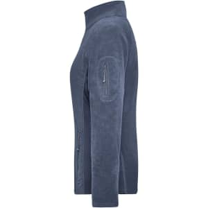 A navy polar fleece jacket with a high collar and side pockets, featuring a zip pocket on the sleeve.