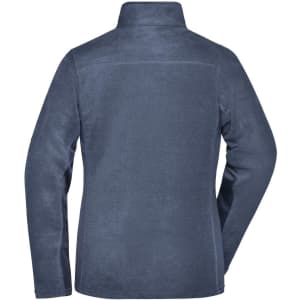 A navy fleece jacket with a high collar and long sleeves, featuring a logo on the back.
