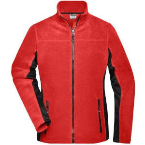 A red ladies' polar fleece jacket with black side panels and zippered pockets. Features a high collar and full zip.