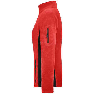 A red and black ladies workwear fleece jacket featuring zippered pockets and a high collar. It has a logo on the arm.