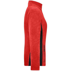 A red and black fleece jacket with a zippered front and side pockets. It features a collar and a logo.
