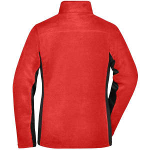 A red polar fleece jacket with black accents, featuring a high collar and a back view design.