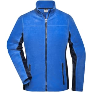 A blue polar fleece jacket with dark navy sleeves and zippered pockets. It features a high collar and full-length zipper.
